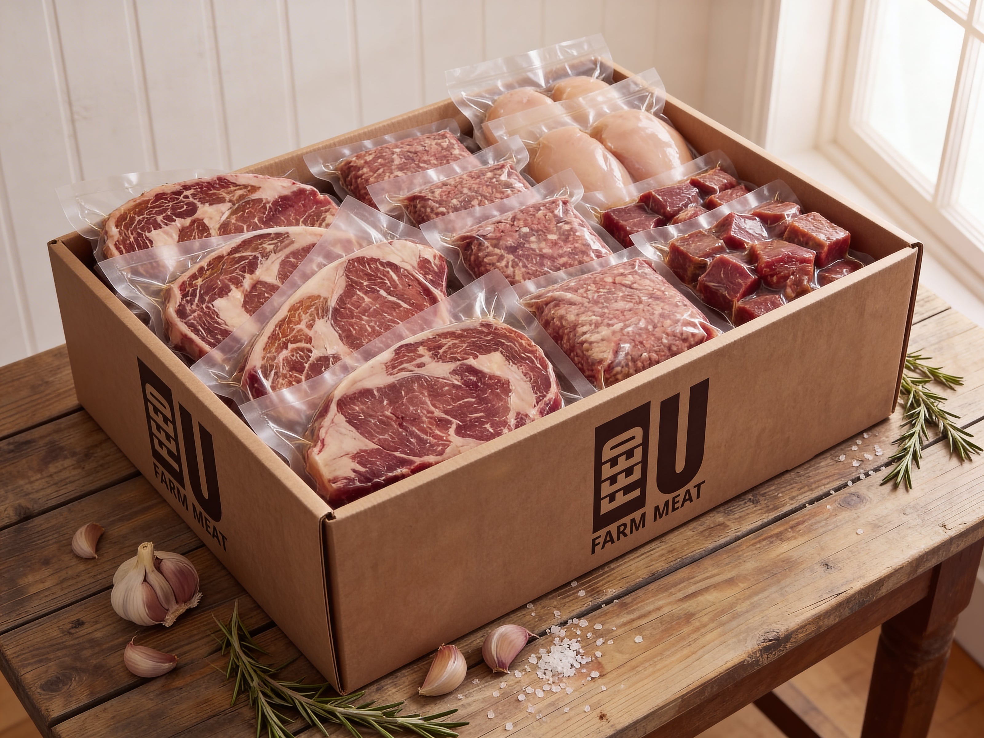 Family Box of raw meat from FARM MEAT on a wooden table with garlic and rosemary.