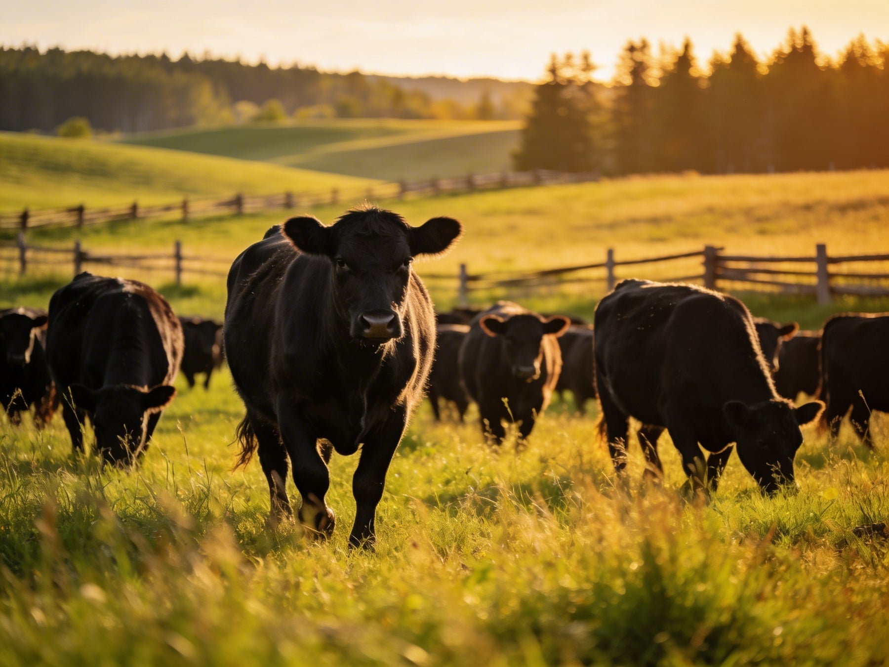 Black Angus cattle grazing on open pasture at golden hour