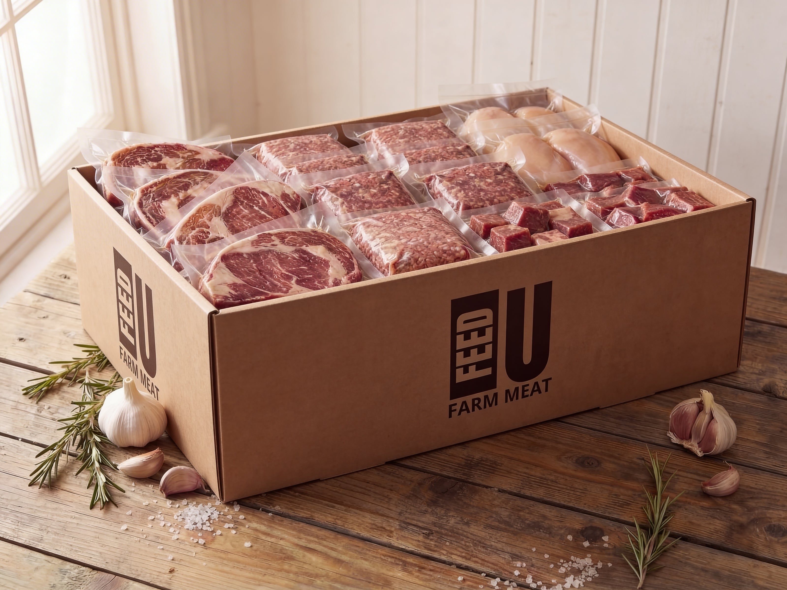 Large box of raw meat from ifeedu Farm Meat on a wooden floor with garlic and rosemary.