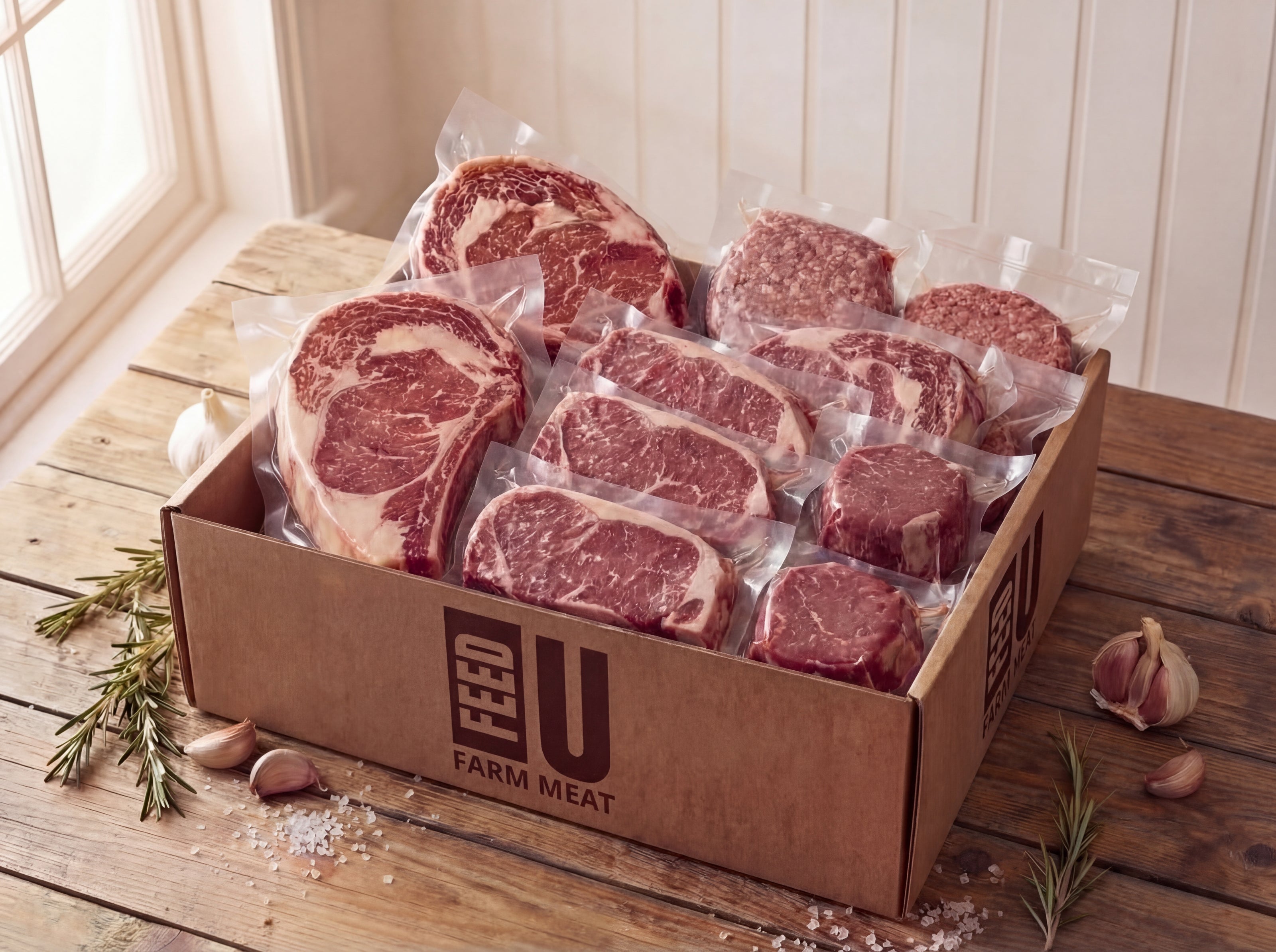 premium grill Box of raw high quality prime black angus steaks from ifeedu Farm Meat on a wooden surface with herbs and garlic.