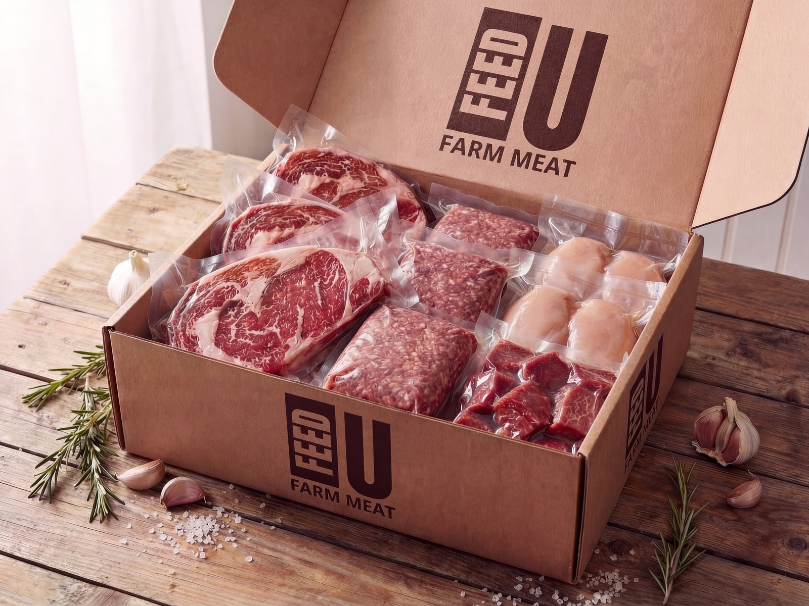 Starter box of raw meat from iFeedU Farm Meat on a wooden surface with herbs and garlic.