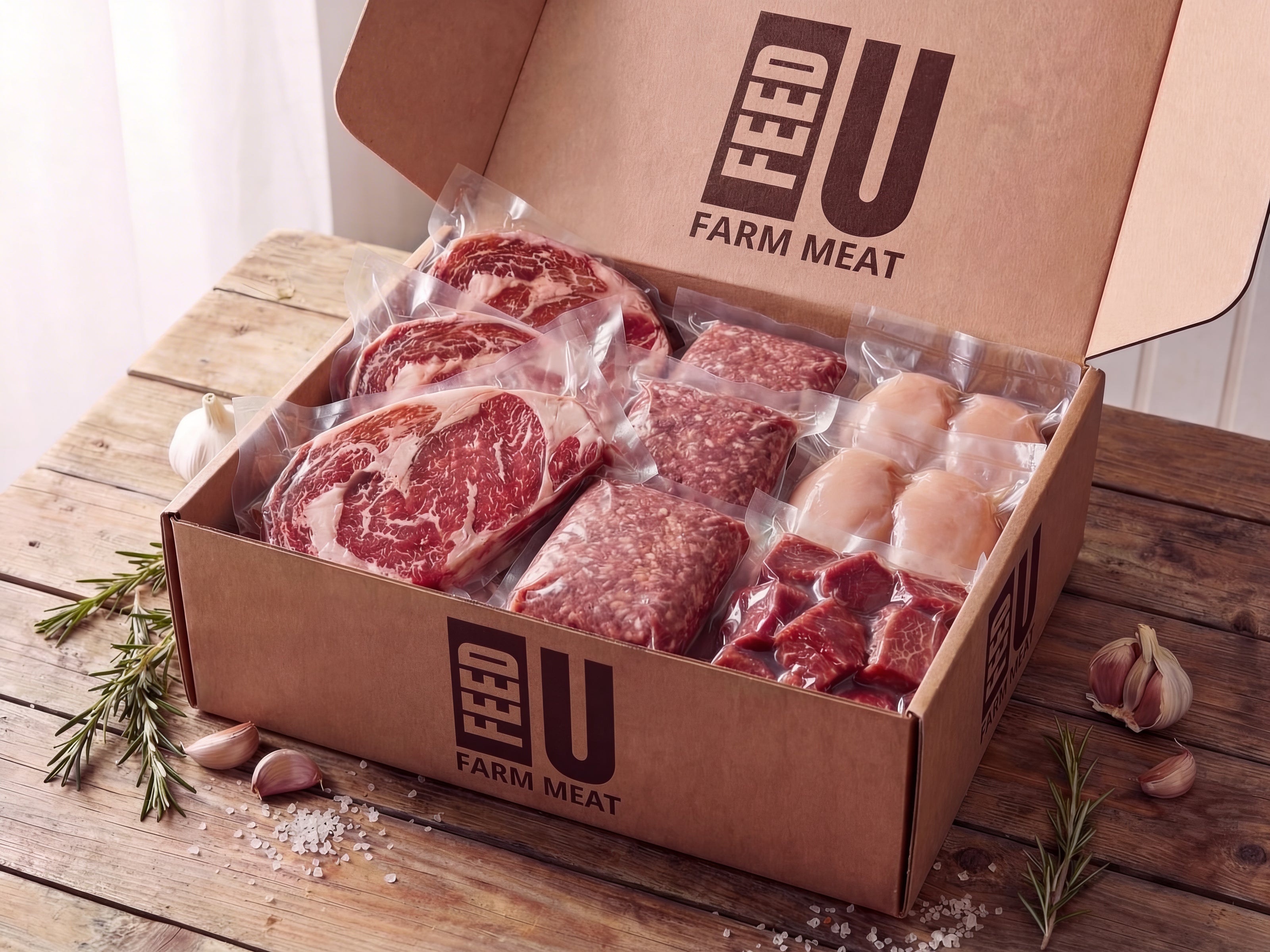 starter box of raw meat from ifeedu Farm Meat on a wooden surface with herbs and garlic.
